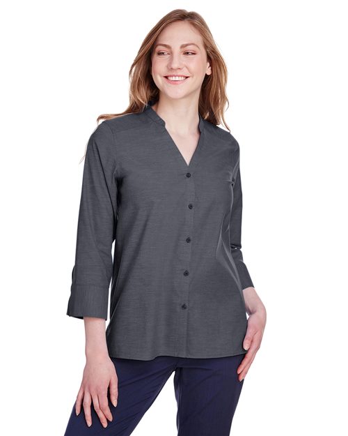 Women's Crown Collection® Stretch Pinpoint Chambra Three-Quarter Sleeve Shirt