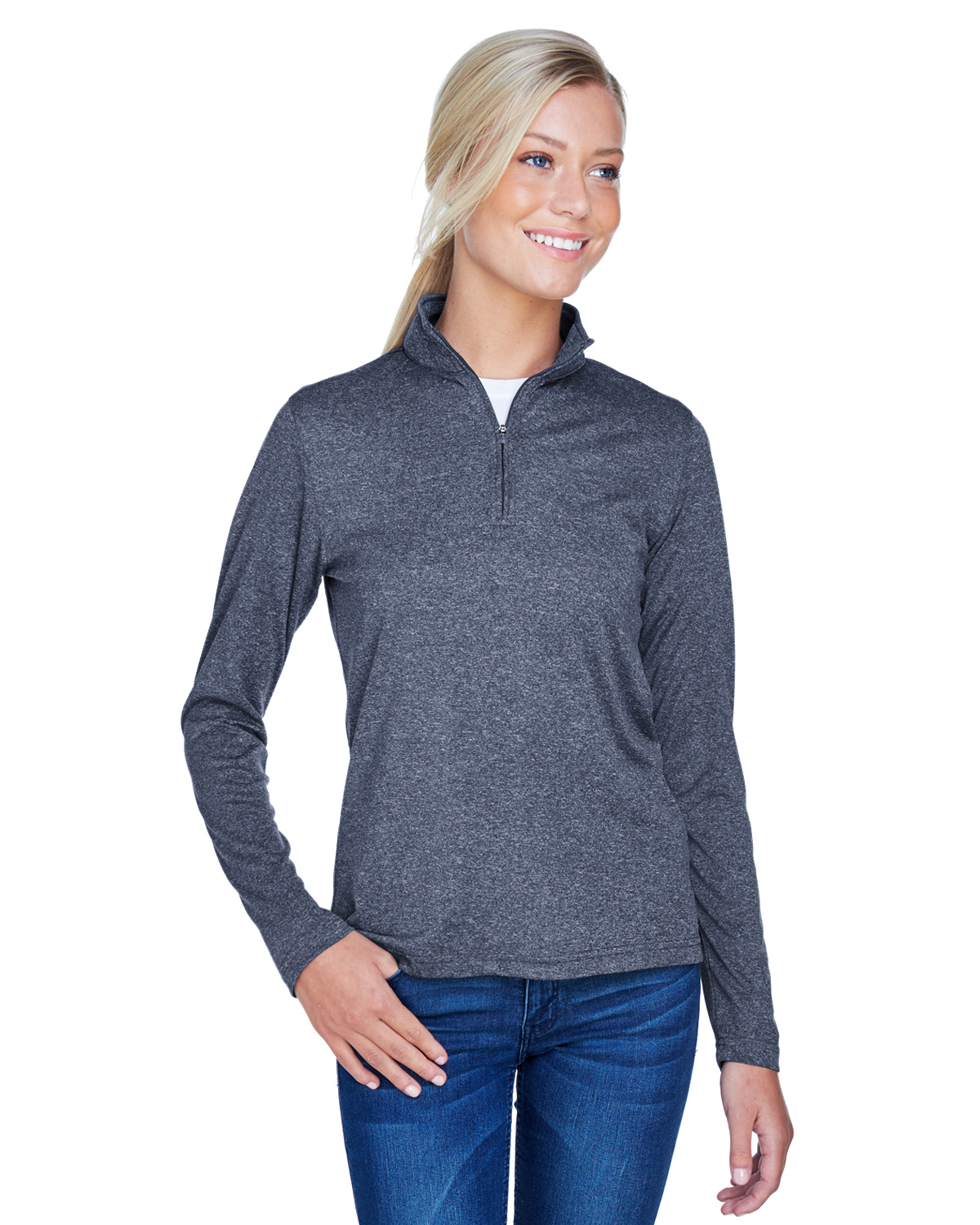 UltraClub Ladies\' Cool & Dry Heathered Performance Quarter-Zip