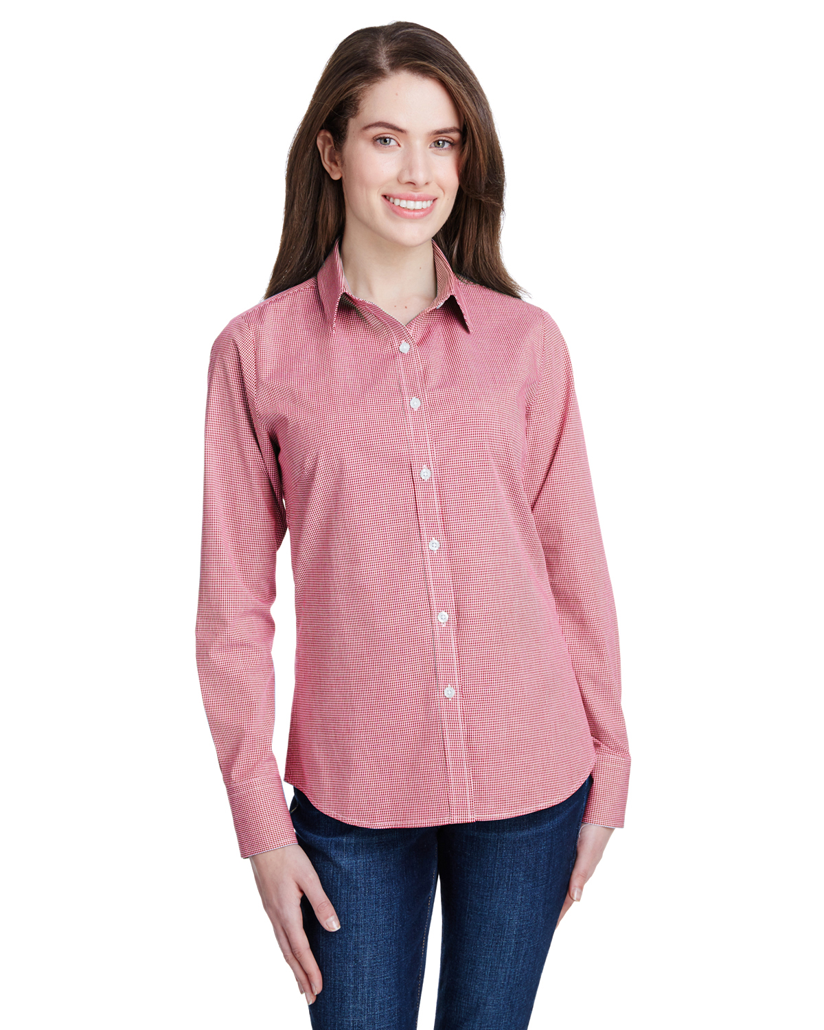 RP320 Artisan Collection by Reprime Ladies\' Microcheck Gingham Long-Sleeve Cotton Shirt