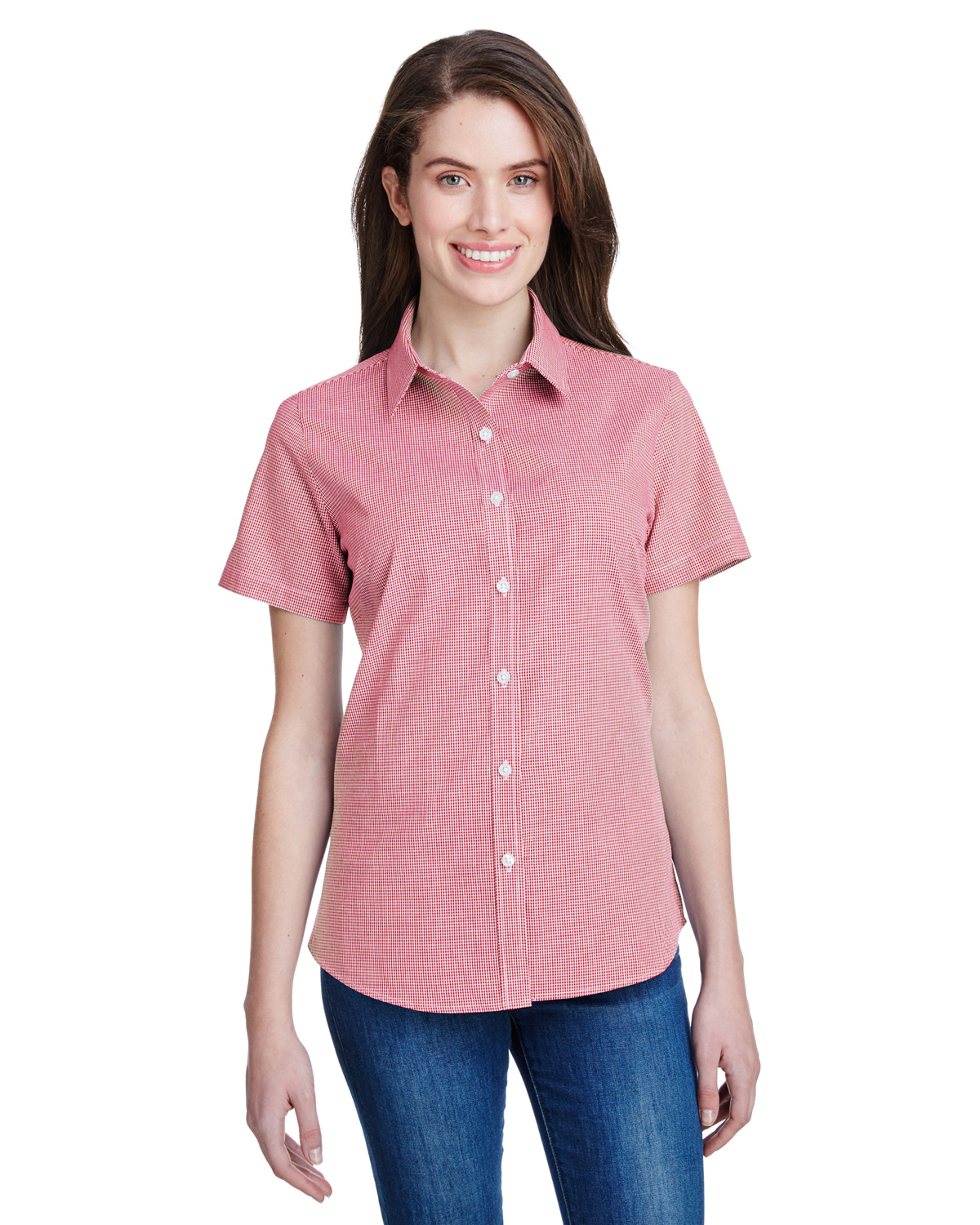 RP321 Artisan Collection by Reprime Ladies\' Microcheck Gingham Short-Sleeve Cotton Shirt