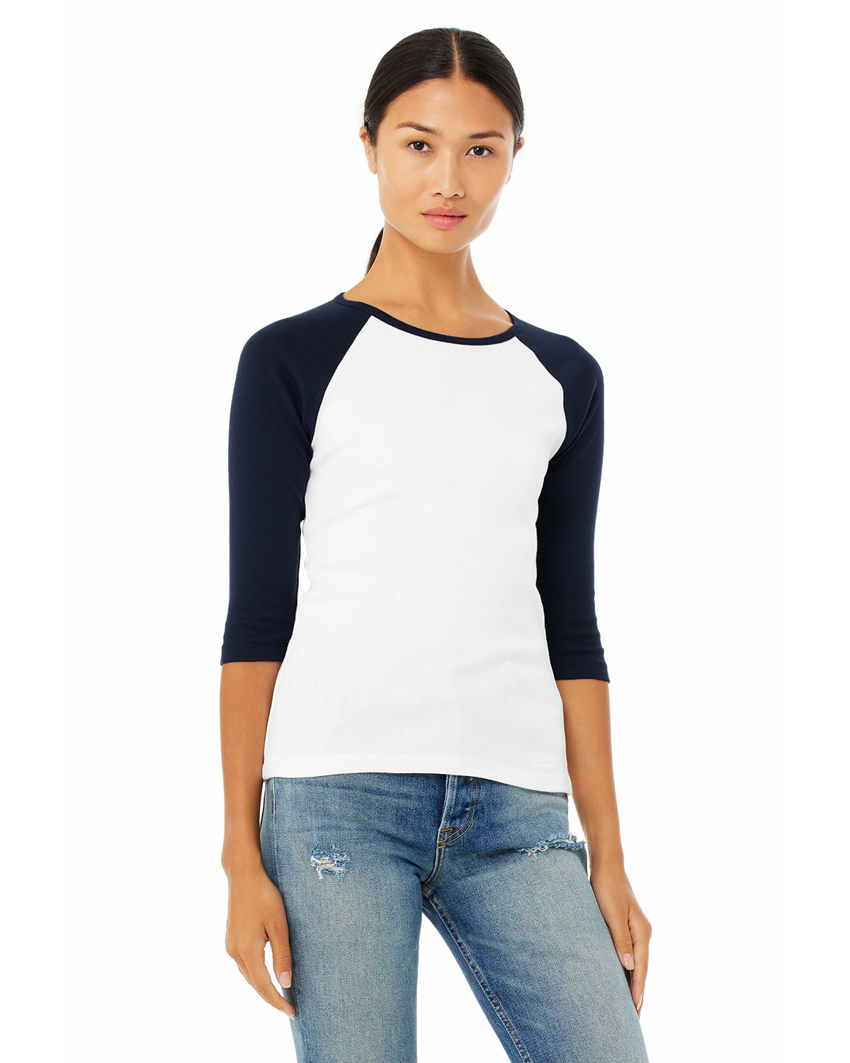 B2000 Bella + Canvas Ladies\' Baby Rib 3/4-Sleeve Contrast Raglan T-Shirt