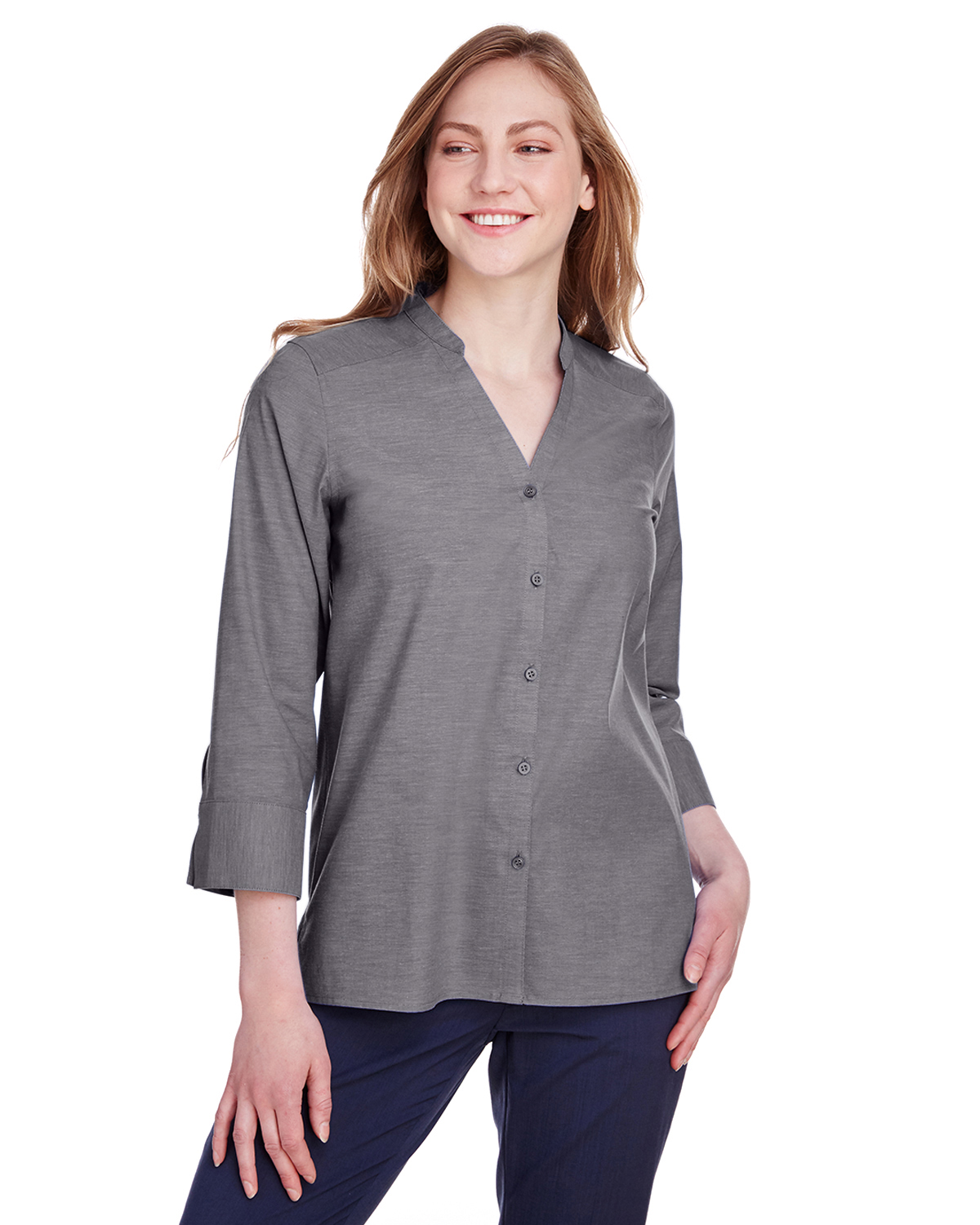 Devon & Jones Ladies\' Crown Collection™ Stretch Pinpoint Chambray 3/4 Sleeve Blouse