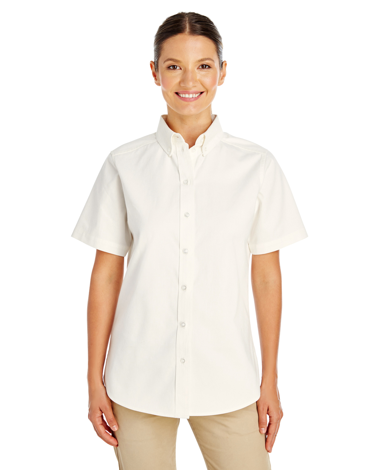 Harriton Ladies\' Foundation 100% Cotton Short-Sleeve Twill Shirt with Teflon™