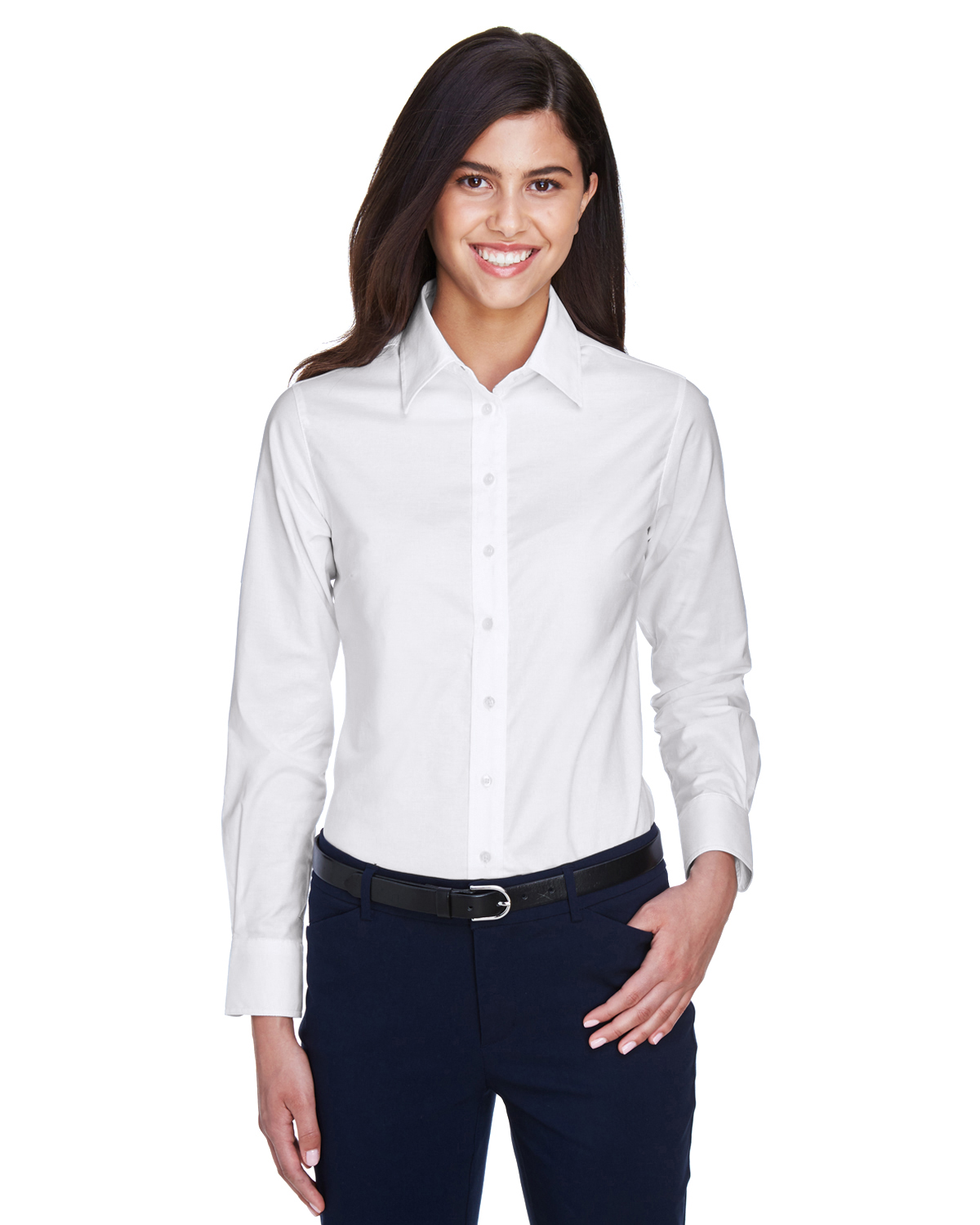 Harriton Ladies\' Long-Sleeve Oxford with Stain-Release